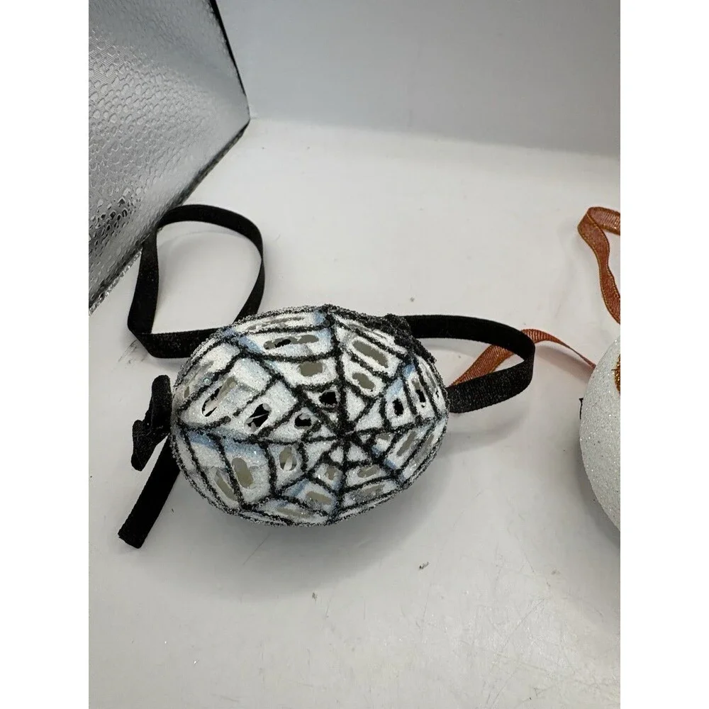 Set Of 3 Halloween Ornament: Peter Priess Egg; Spooky Black Spider Web Pumpkin